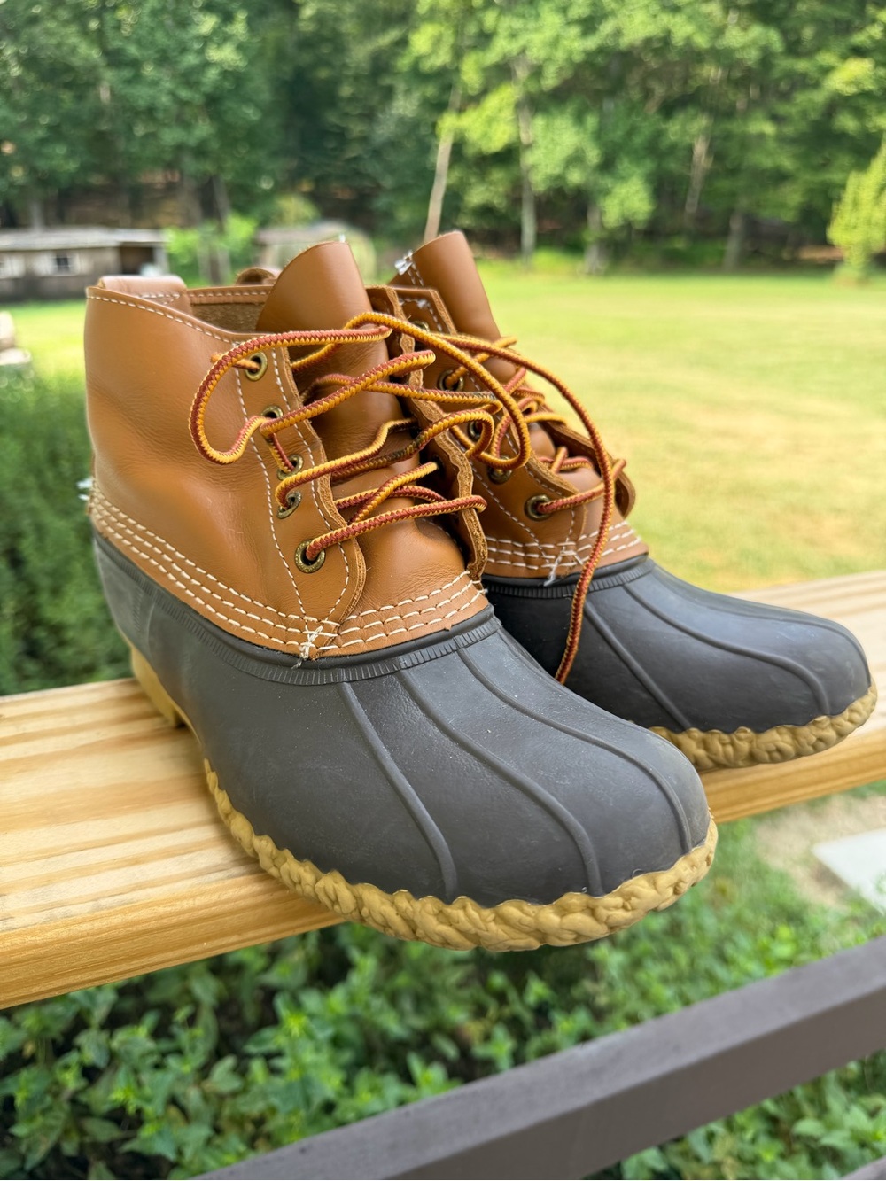 Classic Two-Tone Duck Boots in Brown and Dark Gray Size 7